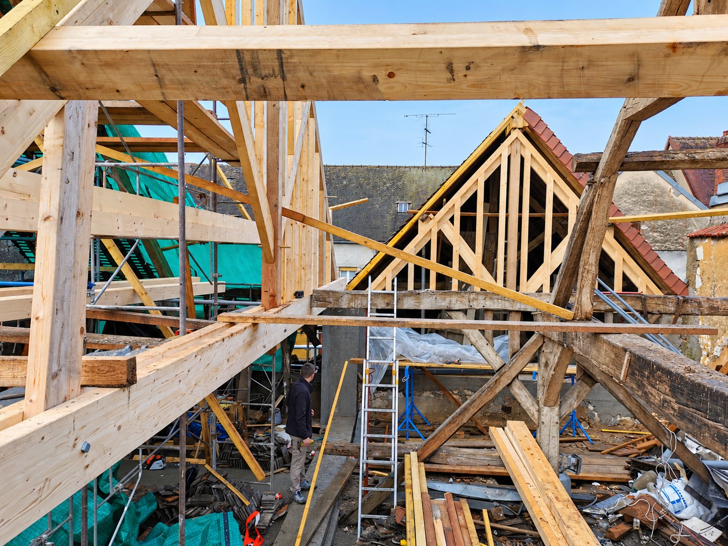 Vue de l'intérieur d'un chantier de rénovation de charpente, avec poutres en bois, échelle, échafaudages et un ouvrier au sol.