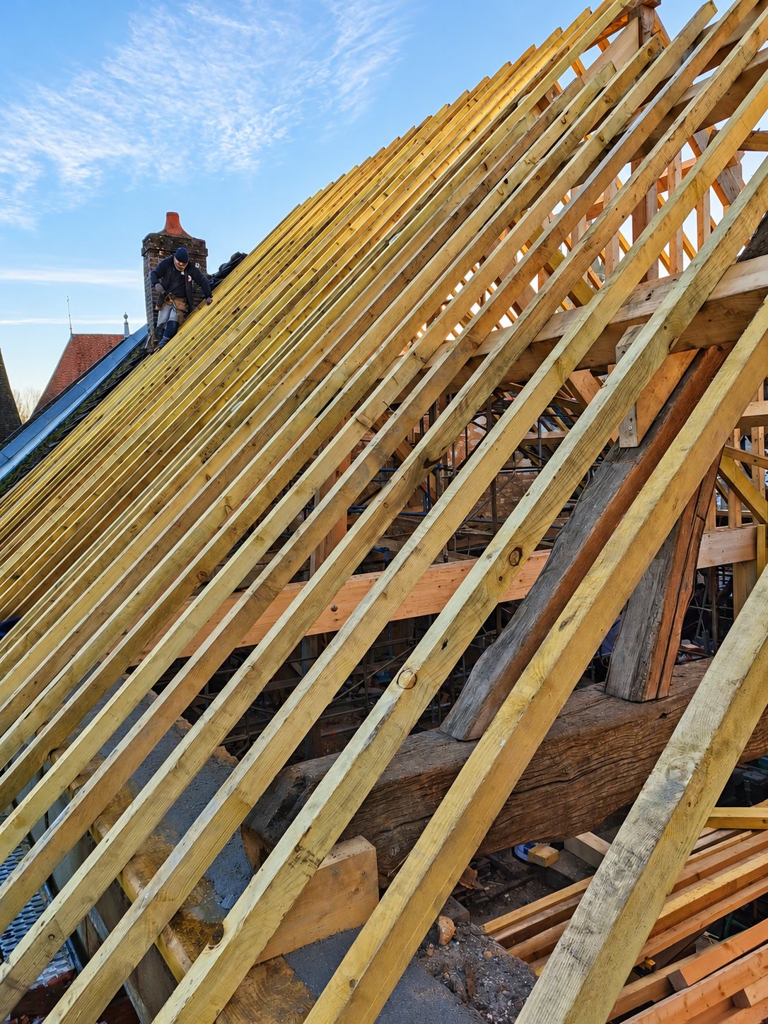 Vue rapprochée d'une charpente traditionnelle en construction, avec de nombreux chevrons en bois clair et un ouvrier perché sur le toit voisin.