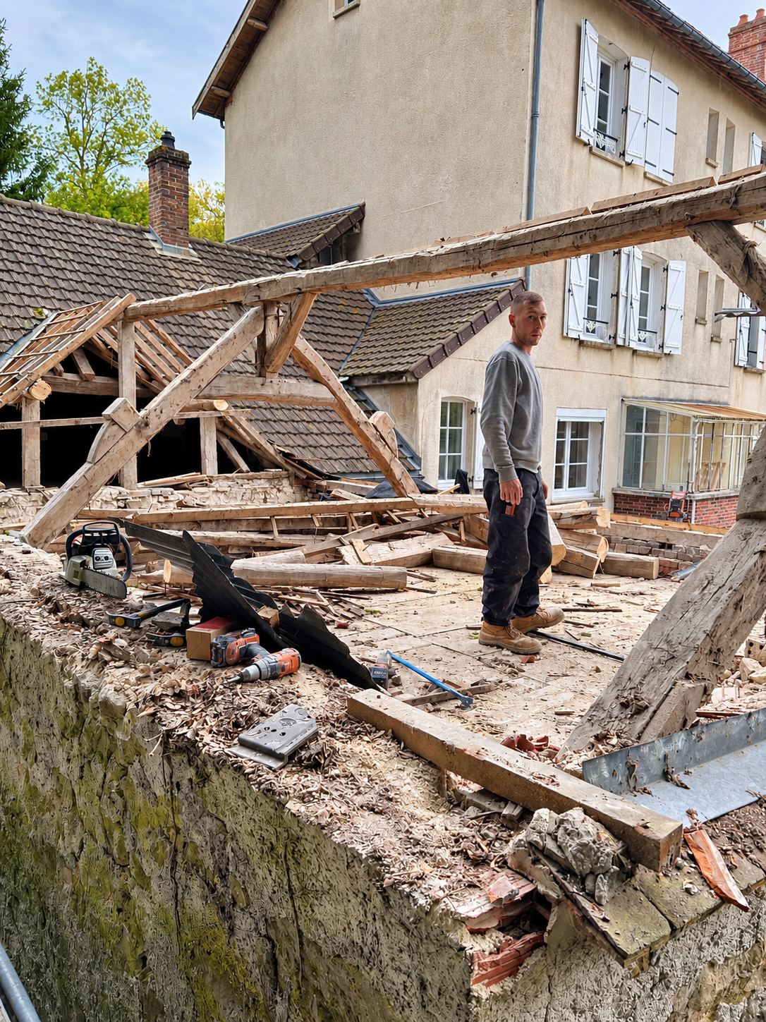 Un ouvrier se tient debout au milieu des poutres et des débris d'une charpente en cours de démontage, avec une tronçonneuse et des outils posés sur un muret de pierre devant une grande maison.