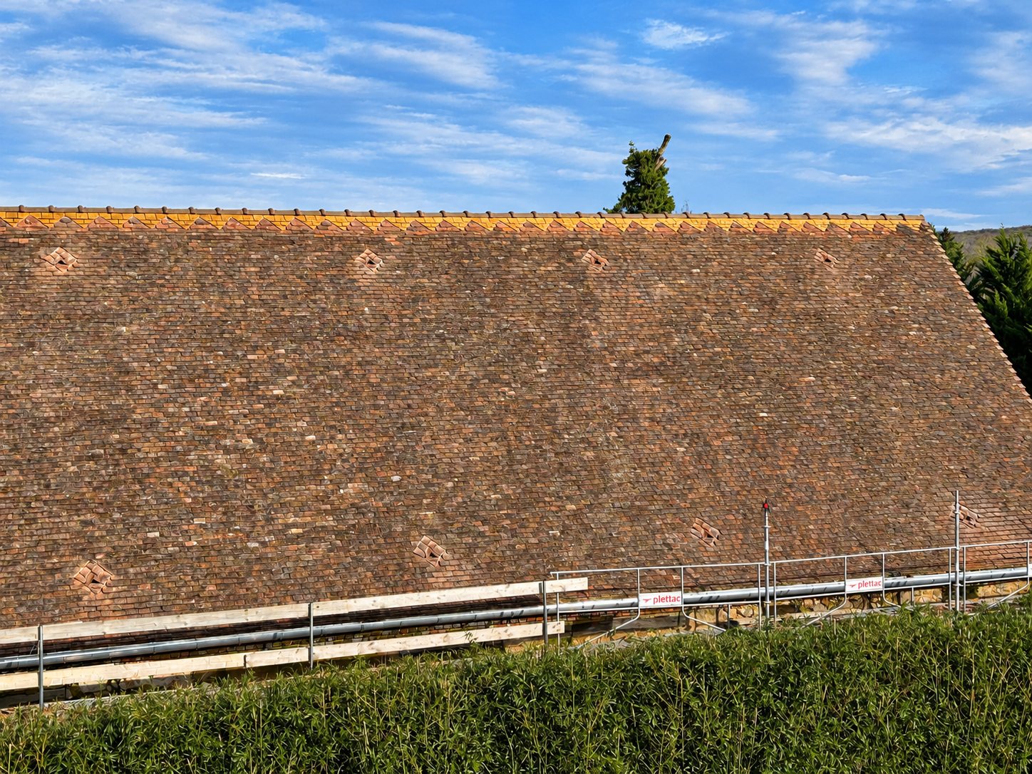 Grand pan de toiture en tuiles plates brunes avec frise de tuiles jaunes au faîtage, protégé par un garde-corps d'échafaudage devant une haie.
